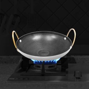 Premium Stainless Steel Honeycomb Non-Stick Wok / Kadhai with Golden Handles
