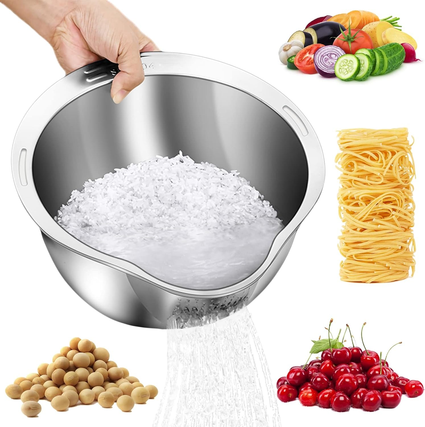 DOPMEP Rice Washer Strainer Bowl - 4-in-1 Washing Bowl for Quinoa, Stainless Steel Rinser With Side Drainers Small Colander for Cleaning Fruits, Vegetables, and Beans - Versatile Kitchen Tool - Image 2