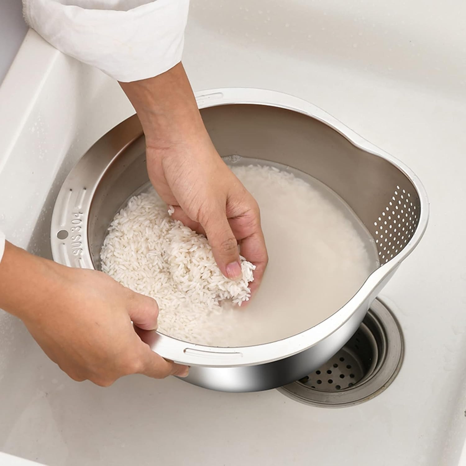 DOPMEP Rice Washer Strainer Bowl - 4-in-1 Washing Bowl for Quinoa, Stainless Steel Rinser With Side Drainers Small Colander for Cleaning Fruits, Vegetables, and Beans - Versatile Kitchen Tool - Image 5