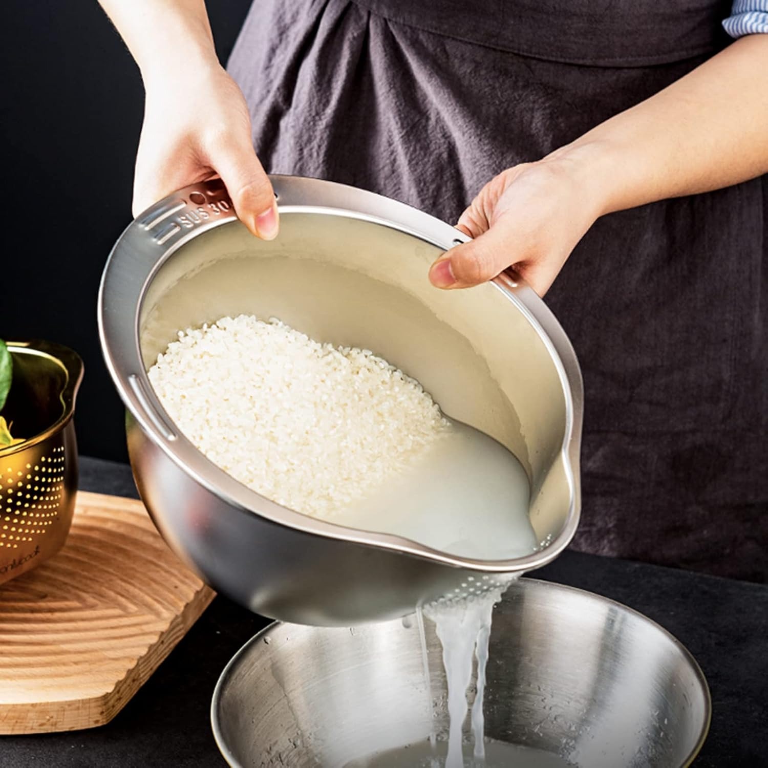 DOPMEP Rice Washer Strainer Bowl - 4-in-1 Washing Bowl for Quinoa, Stainless Steel Rinser With Side Drainers Small Colander for Cleaning Fruits, Vegetables, and Beans - Versatile Kitchen Tool