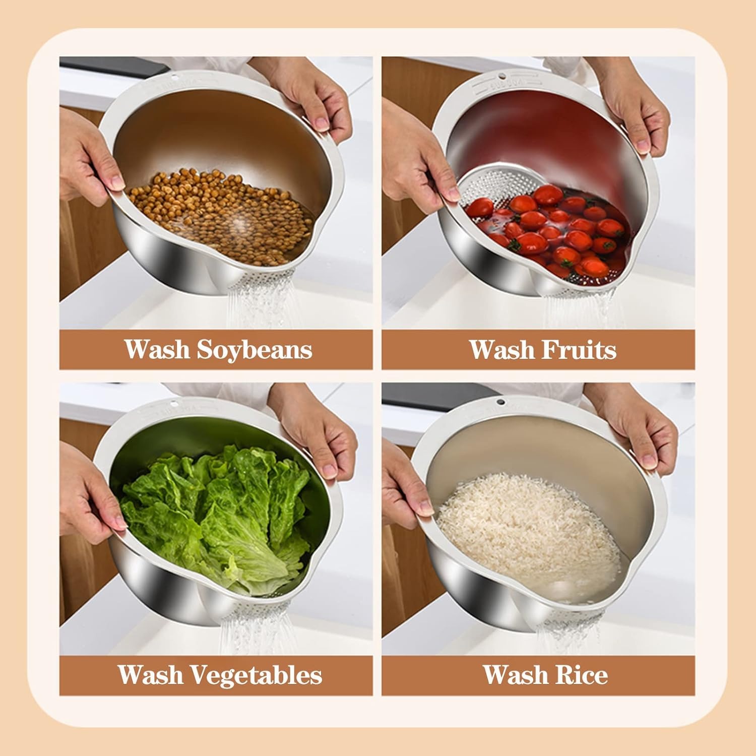 DOPMEP Rice Washer Strainer Bowl - 4-in-1 Washing Bowl for Quinoa, Stainless Steel Rinser With Side Drainers Small Colander for Cleaning Fruits, Vegetables, and Beans - Versatile Kitchen Tool - Image 4
