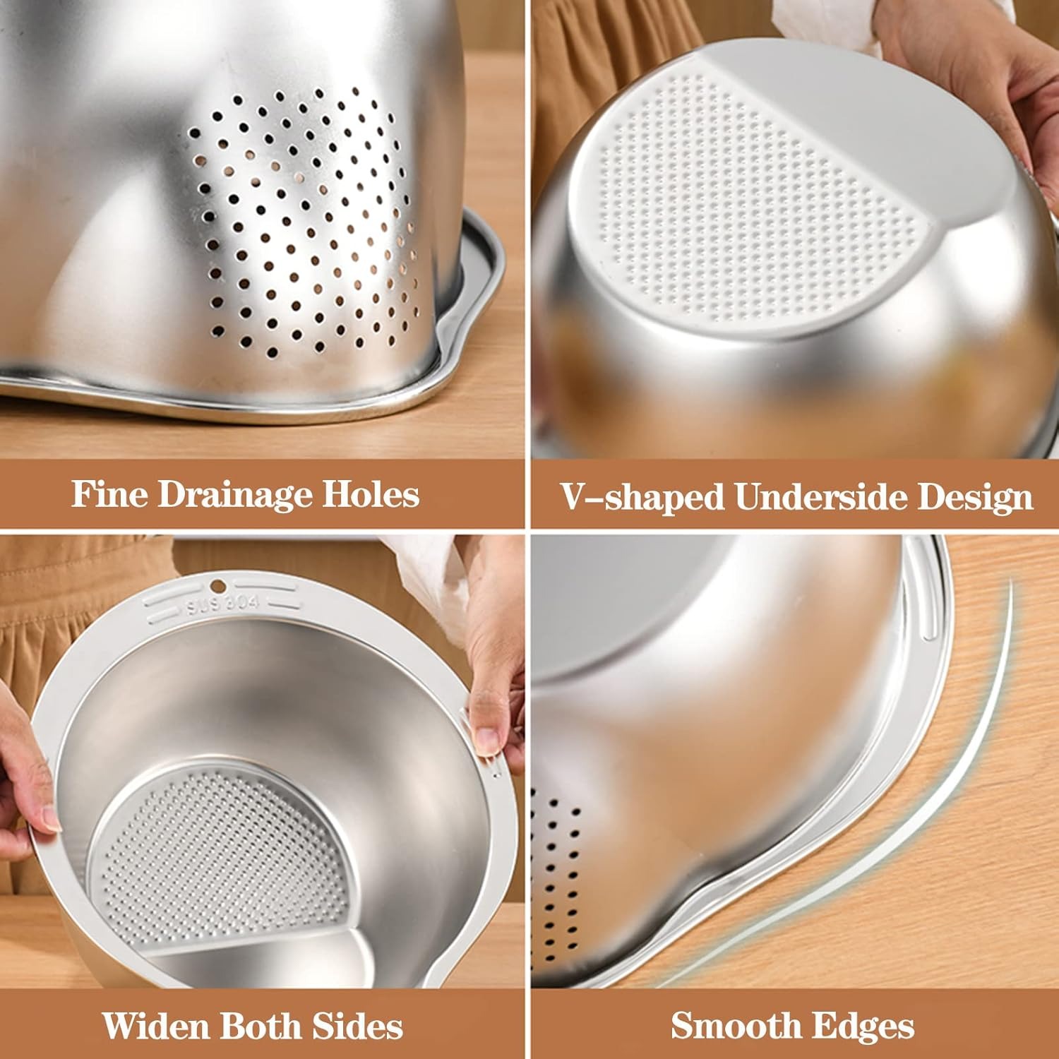 DOPMEP Rice Washer Strainer Bowl - 4-in-1 Washing Bowl for Quinoa, Stainless Steel Rinser With Side Drainers Small Colander for Cleaning Fruits, Vegetables, and Beans - Versatile Kitchen Tool - Image 3
